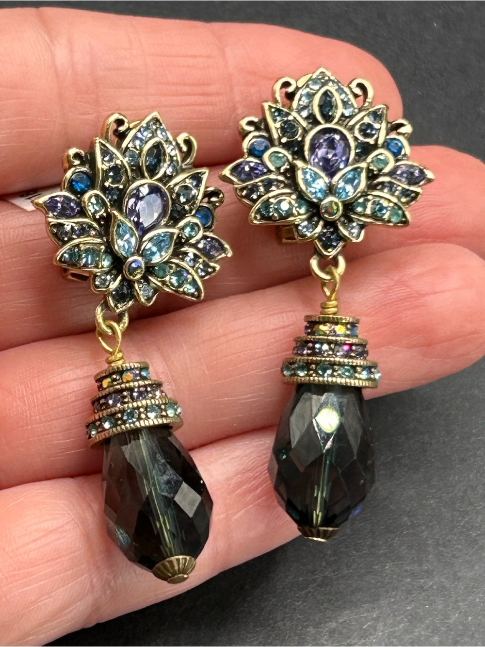 NEW Heidi Daus Montana Gold-Tone Multicolor Crystal Drop Omega Back Earrings